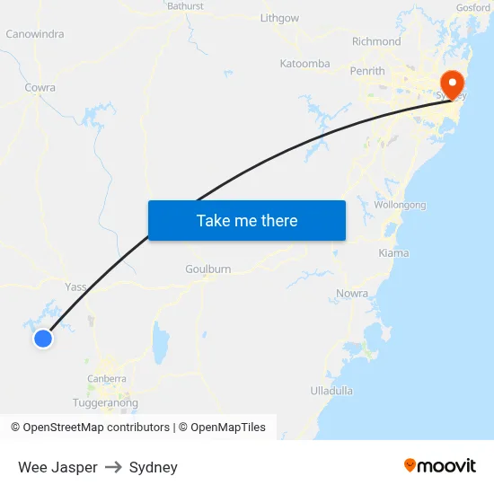 Wee Jasper to Sydney map