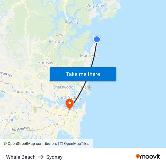 Whale Beach to Sydney map