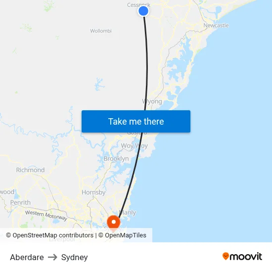 Aberdare to Sydney map