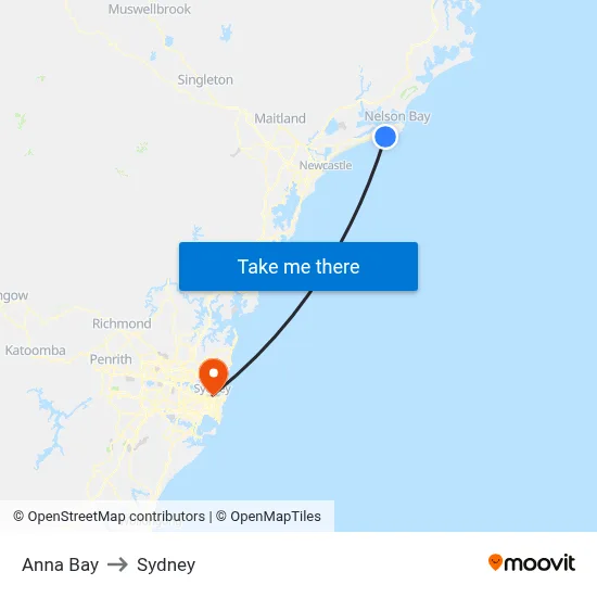 Anna Bay to Sydney map
