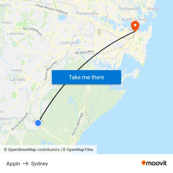Appin to Sydney map