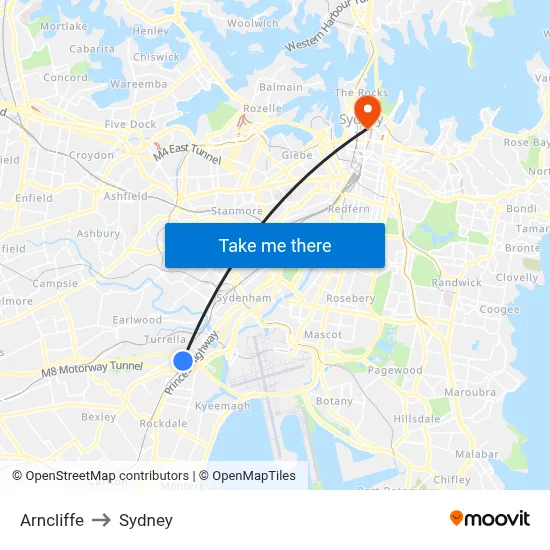 Arncliffe to Sydney map