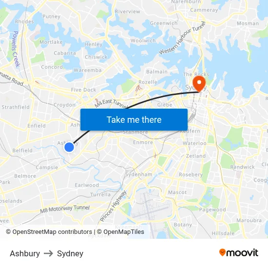 Ashbury to Sydney map