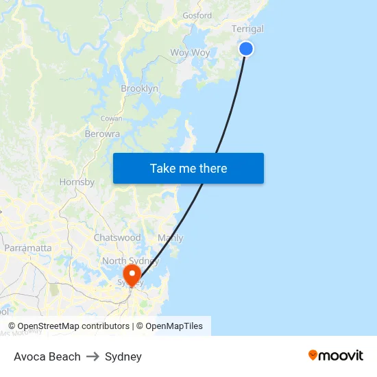 Avoca Beach to Sydney map