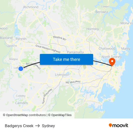 Badgerys Creek to Sydney map