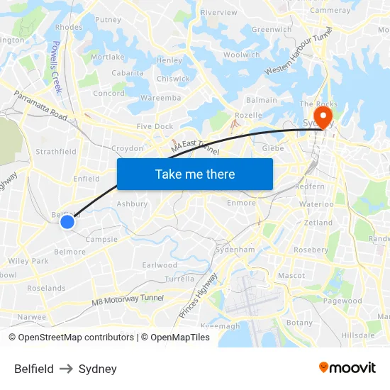 Belfield to Sydney map