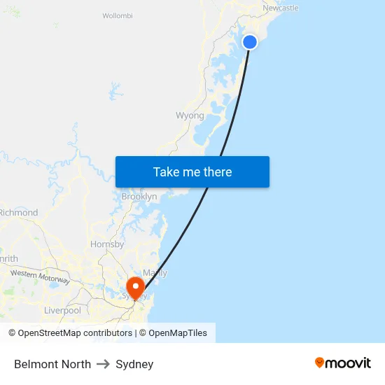 Belmont North to Sydney map