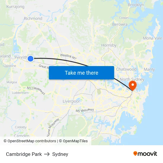 Cambridge Park to Sydney map