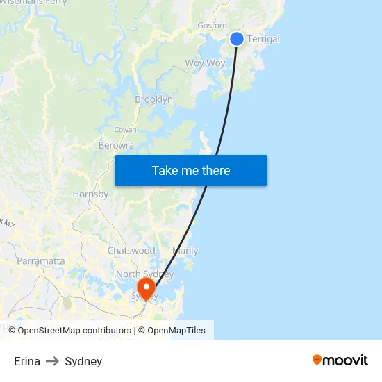 Erina to Sydney map