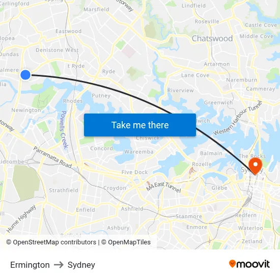Ermington to Sydney map