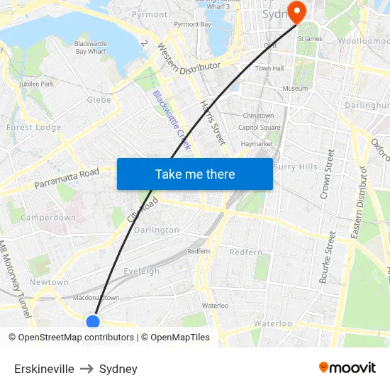 Erskineville to Sydney map