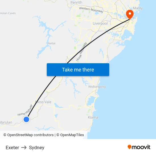 Exeter to Sydney map