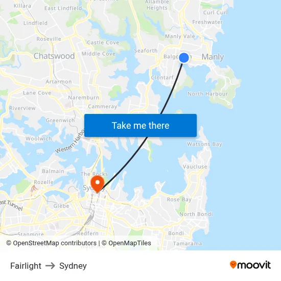 Fairlight to Sydney map