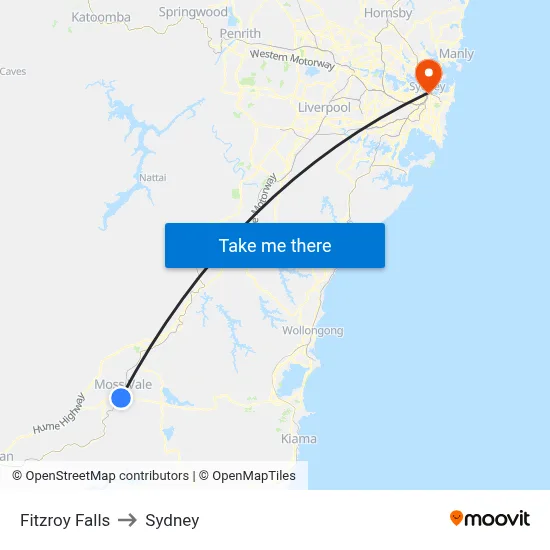 Fitzroy Falls to Sydney map