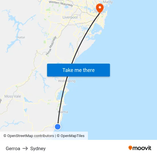 Gerroa to Sydney map