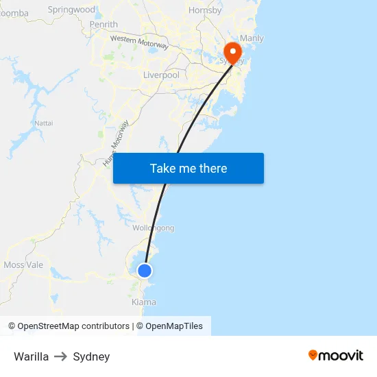Warilla to Sydney map