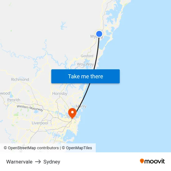 Warnervale to Sydney map
