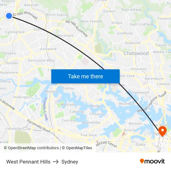 West Pennant Hills to Sydney map