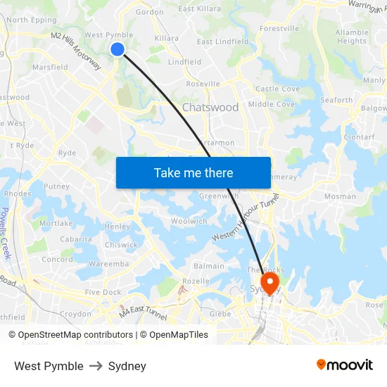 West Pymble to Sydney map