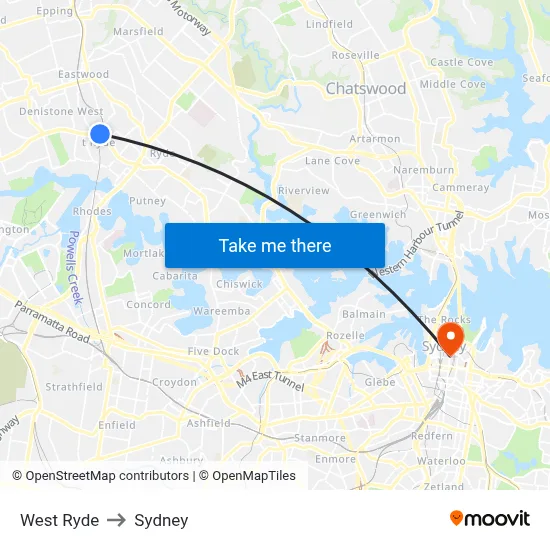 West Ryde to Sydney map