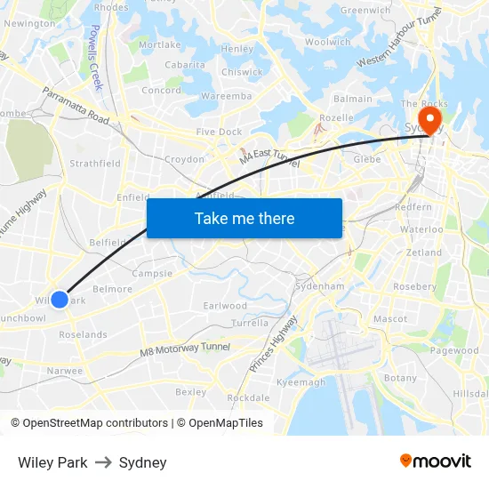 Wiley Park to Sydney map