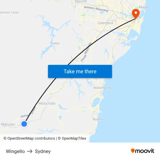 Wingello to Sydney map