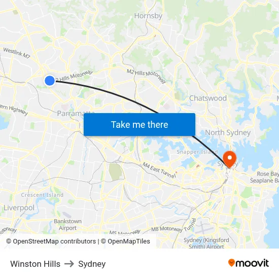 Winston Hills to Sydney map