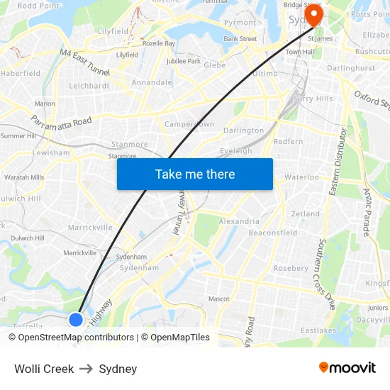 Wolli Creek to Sydney map
