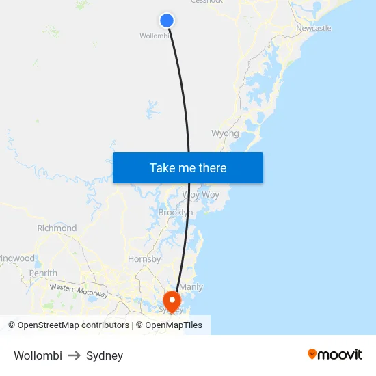 Wollombi to Sydney map