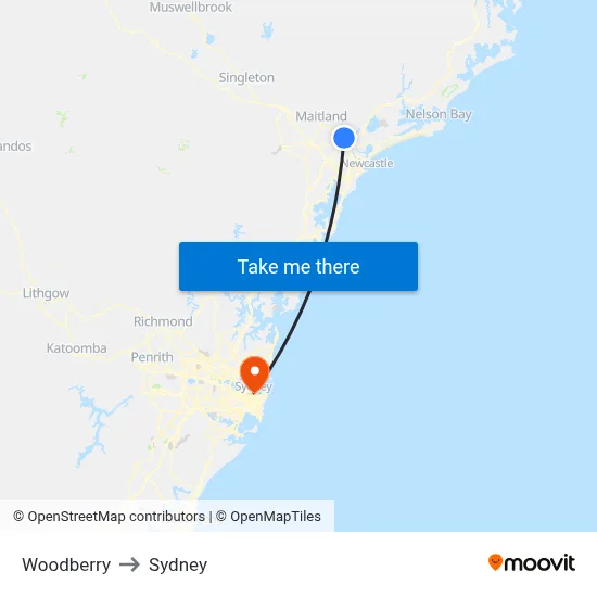 Woodberry to Sydney map