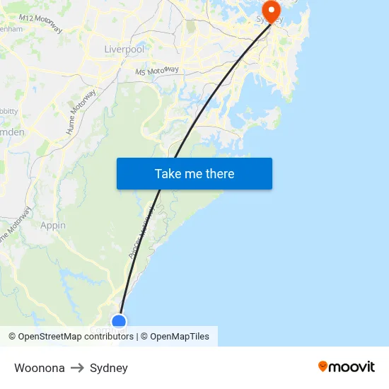Woonona to Sydney map