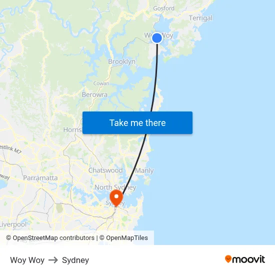 Woy Woy to Sydney map