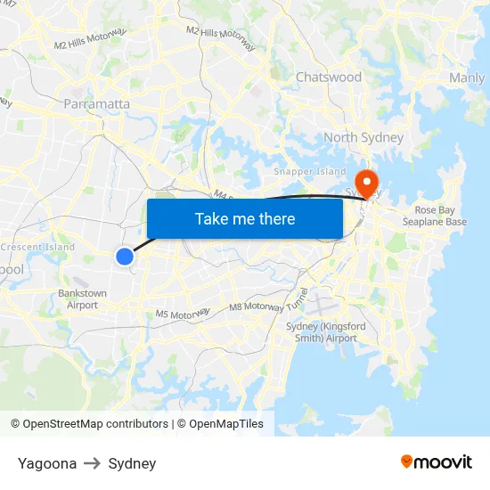 Yagoona to Sydney map