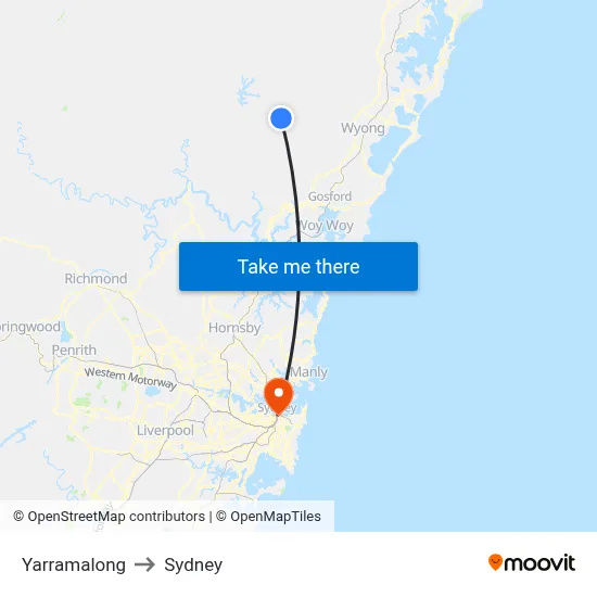 Yarramalong to Sydney map
