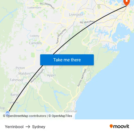 Yerrinbool to Sydney map