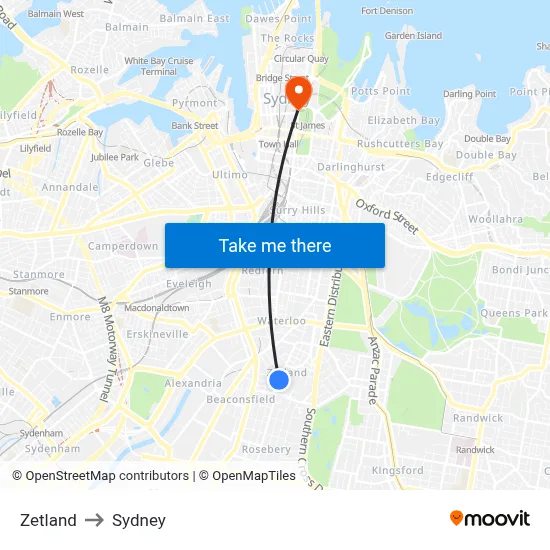 Zetland to Sydney map