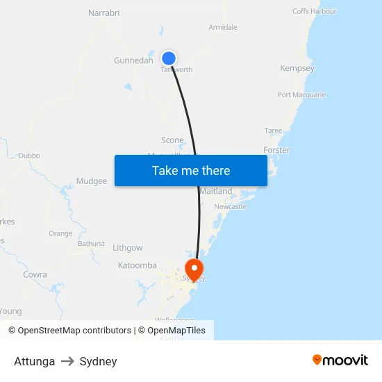 Attunga to Sydney map