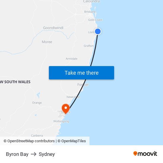 Byron Bay to Sydney map