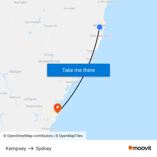 Kempsey to Sydney map