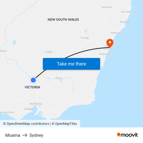 Moama to Sydney map
