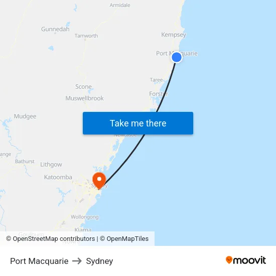 Port Macquarie to Sydney map