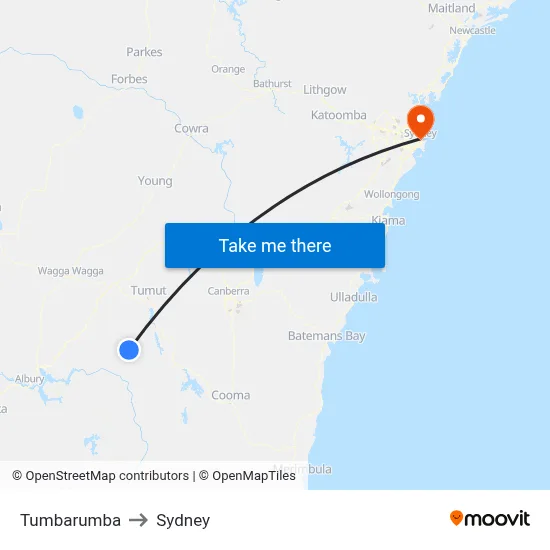 Tumbarumba to Sydney map