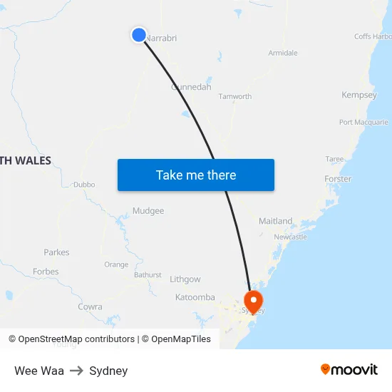 Wee Waa to Sydney map