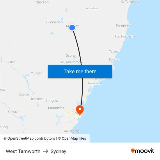 West Tamworth to Sydney map