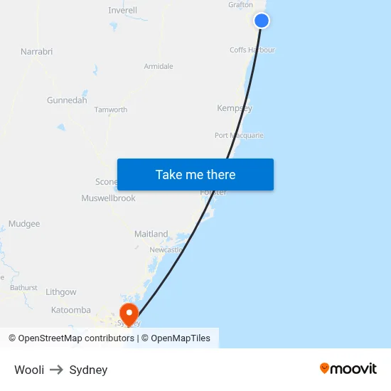 Wooli to Sydney map