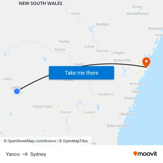 Yanco to Sydney map