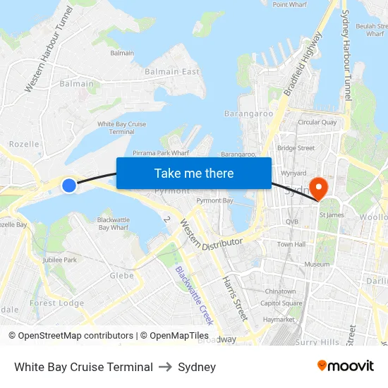 White Bay Cruise Terminal to Sydney map