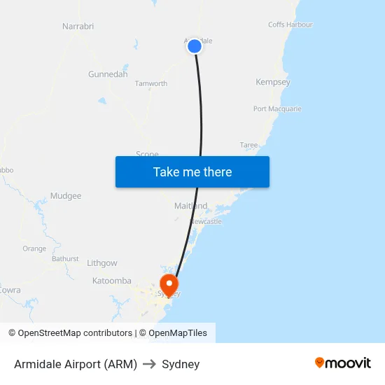 Armidale Airport (ARM) to Sydney map