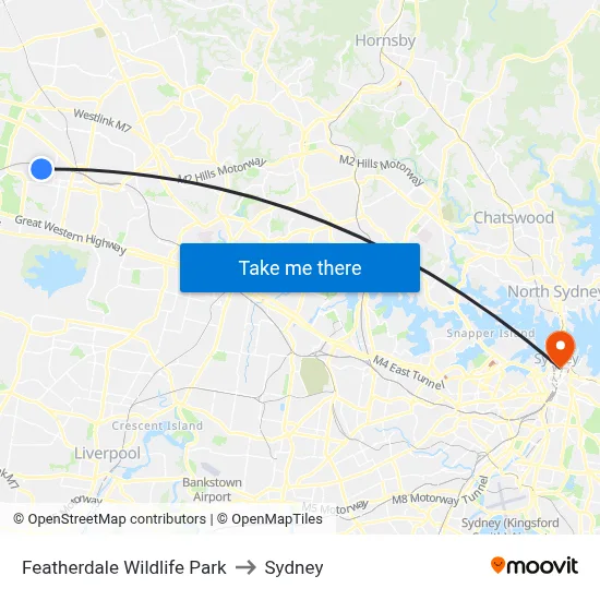 Featherdale Wildlife Park to Sydney map