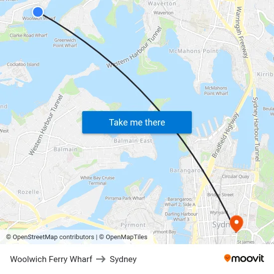 Woolwich Ferry Wharf to Sydney map